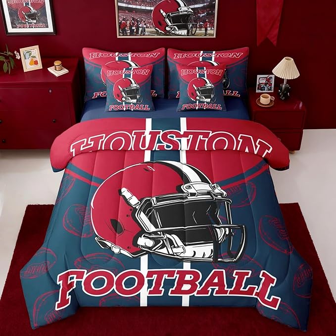 Feelyou Football Comforter Set with Sheets 7 Piece King Size Ball Games Bed in a Bag Kids Boys Girls Rugby Bedding Set City of Footballs Bedroom Decor Rugby Sports