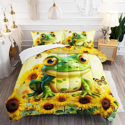 Cartoon Green Frog Comforter 3Pcs Queen Yellow Sunflower Butterflies Bedding Set for Kid Teen Girl Boy Adult 3D Wild Animal Botanical Pattern Quilt Bed Decor with 1 Comforter and 2 Pillowcases