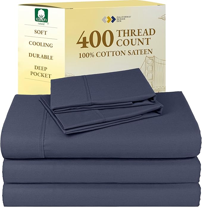 California Design Den Split King Sheets Sets for Adjustable Bed - Soft 400 Thread Count Sateen, Natural 100% Cotton Sheets, Deep Pockets, Breathable, and Durable Bedding - Indigo Dusty Blue