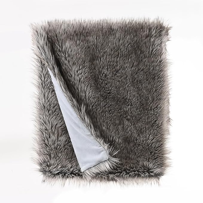 HORIMOTE HOME Luxury Plush Faux Fur Throw Blanket, Long Pile Grey with Black Tipped Blanket, Super Warm, Fuzzy, Elegant, Fluffy Decoration Blanket for Couch, Armchair, Sofa and Bed, 60''x 80''