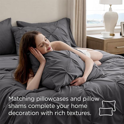 Bedsure California King Comforter Set - Bed in a Bag Cal King Bedding Set 7 PCS, GentleSoft™ Pintuck Bed Set Gift for Family, Pinch Pleat Dark Grey Comforter with Sheets, Pillowcases & Shams