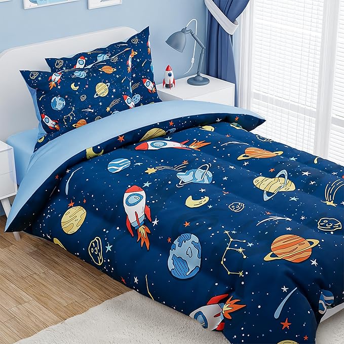 SANDJEST Outer Space Comforter Set Twin Size 68x86in for Kids Boys, Microfiber 3 Pcs Bedding Set Includes 1 Comforter, 1 Pillowcase, 1 Fitted Sheet, Nursery Room Decor