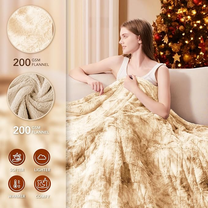 Homemate Electric Heated Blanket Twin Size - 62"x84" Heating Blanket Twin Size 1/2/4/6/8 Hours Auto-Off 10 Heat Level Over-Heat Protection Luxury Faux Fur Sherpa ETL Certification
