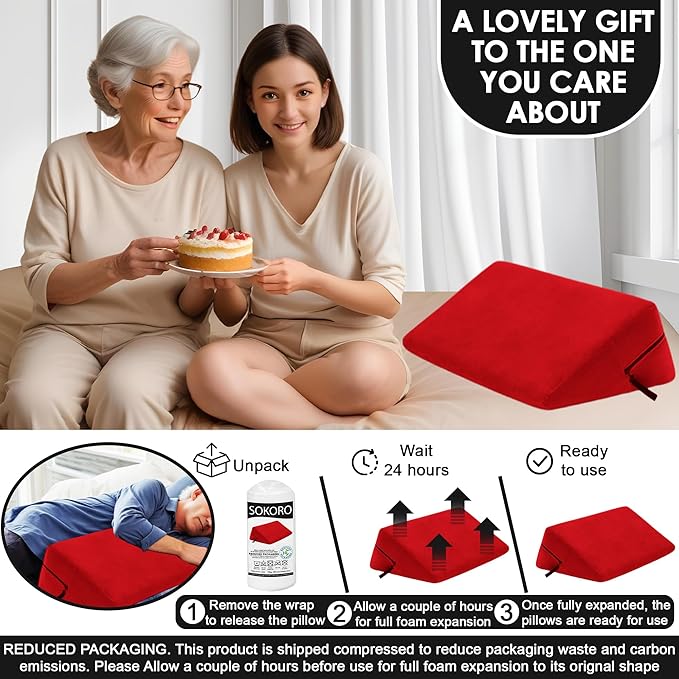 sokoro Bed Wedge Pillow for Sleeping, Triangle Pillow Wedge, Acid Reflux, Gerd, After Surgery, Back Support, Body Positioners for Pregnancy, Adults, Seniors to Elevate Head, Knee, Leg, Red