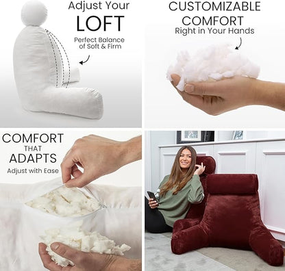 Husband Pillow Medium Maroon, Backrest for Kids, Teens, Petite Adults - Reading Pillows with Arms, Adjustable Loft, Plush Memory Foam, Bed Rest Chair for Sitting Up, Detach Neck Roll, Removable Cover
