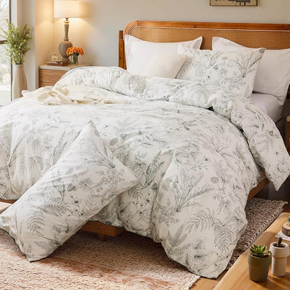 Duvet Cover Set Queen Size 100% Nature Cotton Reversible Botanical Queen Duvet Cover Set 3 Pieces Soft & Breathable Bedding Set with Zipper Closure & Corner Ties