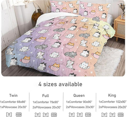 Girls Cat Comforter Set: Twin Size Cute Cats Bedding Set Cartoon Pet Kitten Rainbow Quilt for Kids Teens Boys Kawaii Gray White Kitty Bed Sets 1 Comforter & 1 Pillowcase