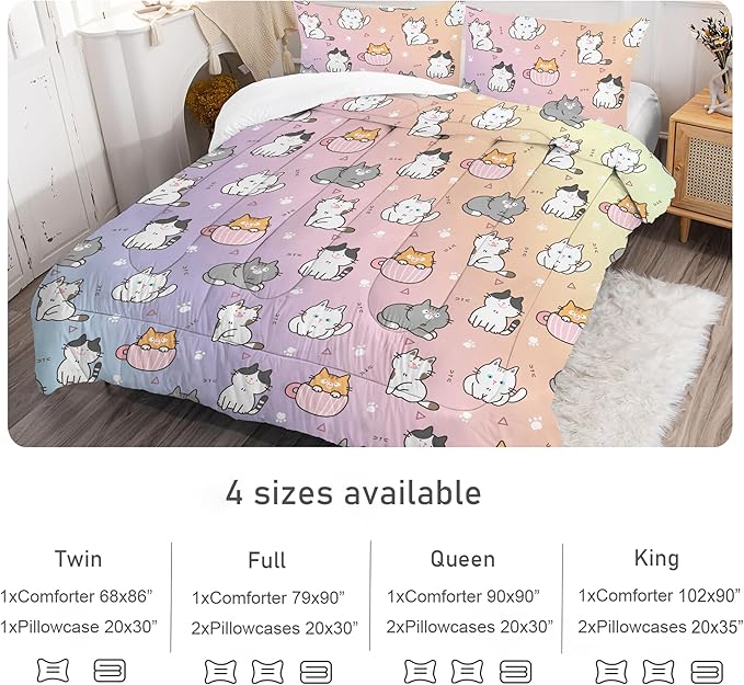 Cat Comforter Set Queen: Colorful Cartoon Cats Bedding Set Cute Kitten Rainbow Feline Quilt 3 Piece for Women Girls Teens Adults 1 Comforter & 2 Pillowcases