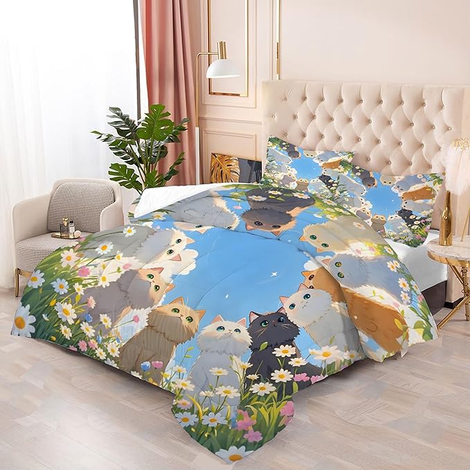 Cats Comforter Set Queen: Kawaii Floral Cat Bedding Set Daisy Kitten Blue Sky Quilts Cartoon Flowers Feline Cute Pets Bed Sets for Women Girls Tween Adults 3 Piece