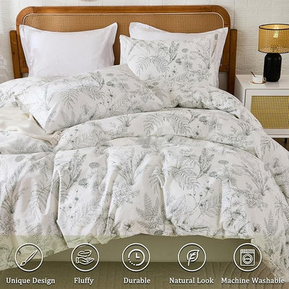 Duvet Cover Set King Size 100% Nature Cotton Reversible Botanical King Duvet Cover Set 3 Pieces Soft & Breathable Bedding Set with Zipper Closure & Corner Ties
