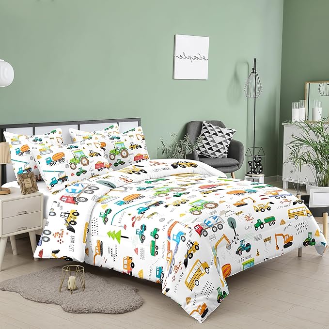 Peopleareok Construction Comforter Set Full (79x90 Inch), 3 Pieces Construction Excavator Tractor Bedding Sets for Boys Toddler Children, Super Soft Microfiber Comforter with 2 Pillowcase