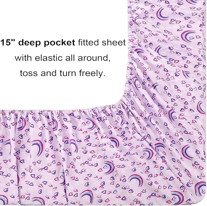 Mooreeke Full Size Comforter Sets for Girls Kids, 8 Pieces Bed in a Bag Purple Love Rainbow Bedding Comforter Sheet Set with Shams and Decorative Toy Pillow, Ultral Soft Microfiber Kids Bed Set