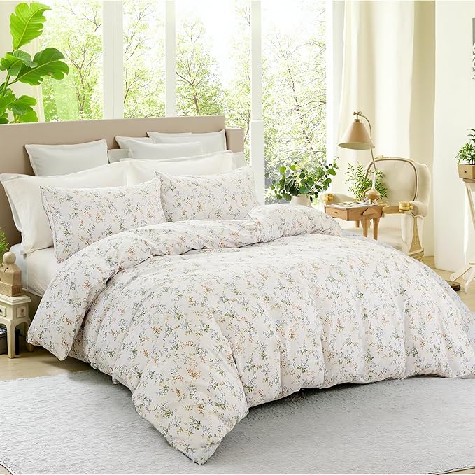 Green Floral Duvet Cover King Size 100% Cotton Botanical Coquette Bedding Sets with Zipper Closure 3 Pieces Soft & Breathable Reversible Comforter Cover