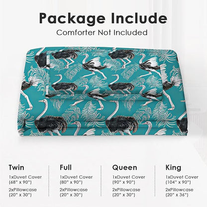 Ostrich Theme 3 Pieces Duvet Cover Comforter Set with 2 Pillowcase Queen Size Bird Bed Sheet Quilt Bedroom Bedding for Lover Kids