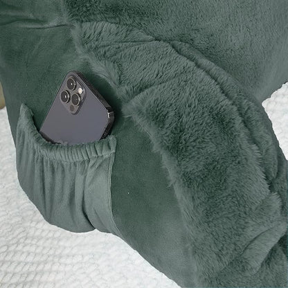 Plush Faux Fur Backrest Reading Bed Rest Pillow with Arms and Pockets for Sitting in Bed Couch Sofa, Back Support Wedge Cushion with Removable Cover, 20" x 18" x 17", Dark Gray