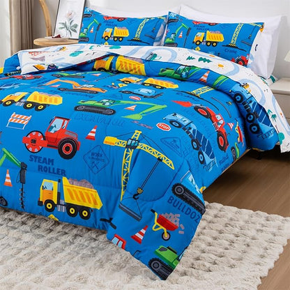 Holawakaka Trucks Excavator Cars Boy Bedding Comforter Set with Sheets, Twin Size Cartoon Construction Car Tractors Print Kids Bed in A Bag 5-Piece, Boys Reversible Dorm Bed Sets (Blue Twin)