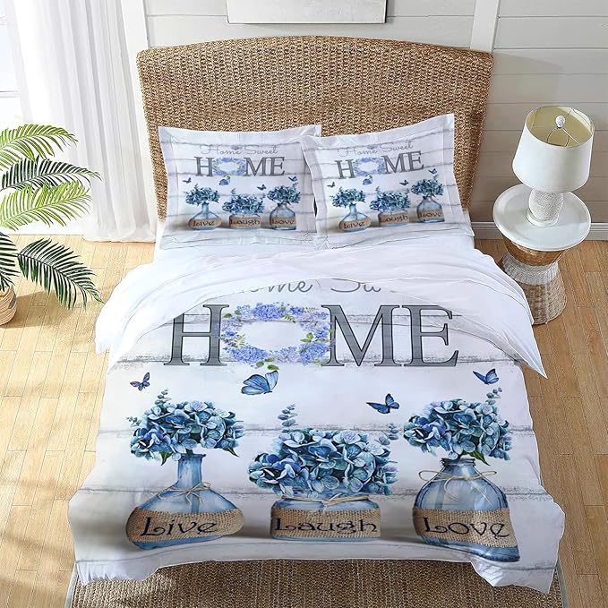 Navy Hydrangea Theme 3 Pieces Duvet Cover Comforter Set with 2 Pillowcase Full Size Blue Floral Bed Sheet Quilt Bedroom Bedding for Lover Kids