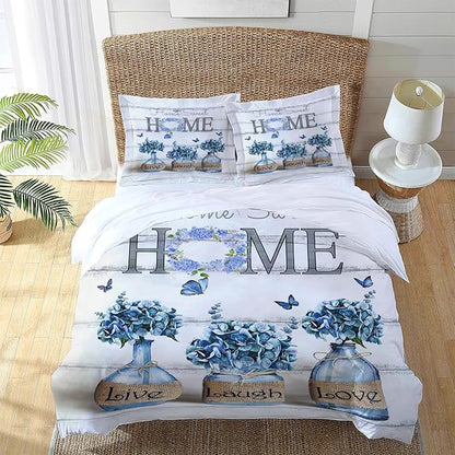 Navy Hydrangea Theme 3 Pieces Duvet Cover Comforter Set with 2 Pillowcase Twin Size Blue Floral Bed Sheet Quilt Bedroom Bedding for Lover Kids