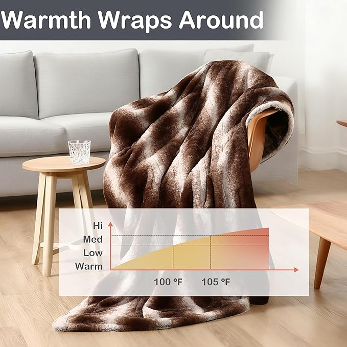 Electric Heated Blanket Throw Size 50" x 60", Super Cozy Warmth Soft with 4 Heating Levels & 4 Hours Auto Off, Plush Faux Fur, Machine Washable, Home Office Use, Brown White