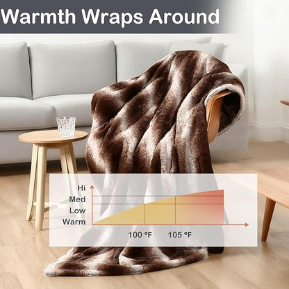 Electric Heated Blanket Throw Size 50" x 60", Super Cozy Warmth Soft with 4 Heating Levels & 4 Hours Auto Off, Plush Faux Fur, Machine Washable, Home Office Use, Brown White