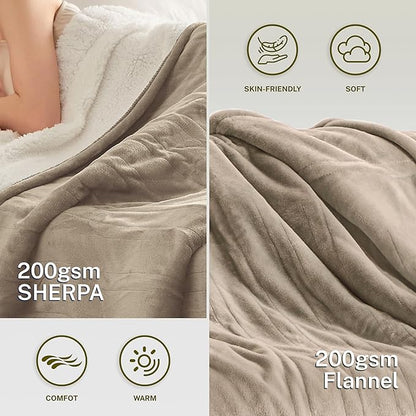 Heat Blanket 72”x84” Full Size,Soft Flannel & Sherpa Reversible Electric Blanket with 10 Heat Settings,12 Timer Setting and 8 Hours Auto-Shut Off,ETL Certified Machine Washable,Light Brown