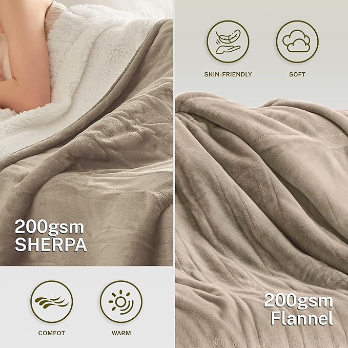 Heat Blanket 62”x84” Twin Size,Soft Flannel & Sherpa Reversible Electric Blanket with 10 Heat Settings,12 Timer Setting and 8 Hours Auto-Shut Off,ETL Certified Machine Washable,Light Brown
