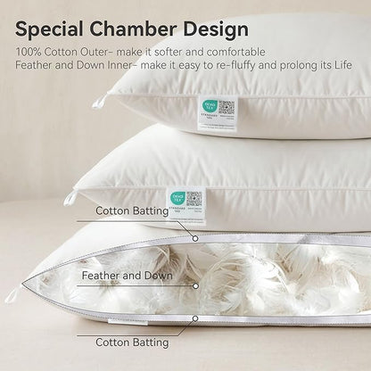 Goose Feather Down Pillows Standard Size Set of 2, Soft Pillows with 100% Organic Cotton Fabric, Luxury Hotel Quality Bed Pillow 2 Pack for Sleeping (20" x 26")
