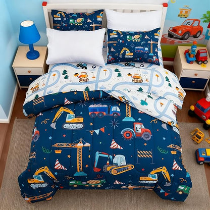 Holawakaka Trucks Tractors Cars Boy Bedding Comforter Set with Sheets, Twin Size Cartoon Construction Car Excavator Print Kids Bed in A Bag 5-Piece, Boys Reversible Dorm Bed Sets (Navy Blue Twin)