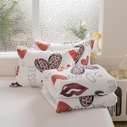 Caressma Heart Print Comforter Set Twin, Lips Print Love Teens Romantic Comforter Sets for Girls, Red and Leopard Sexy Heart Pattern Bedding Comforter Set for Valentine's Day