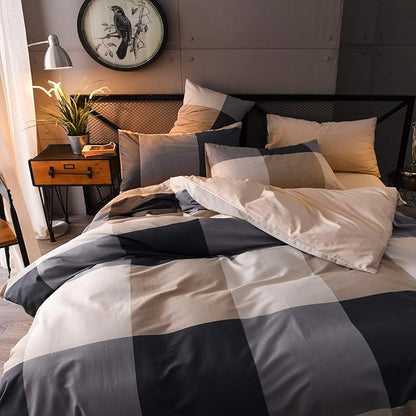 Buffalo Plaid Duvet Cover King, 100% Cotton Check Geometric Bedding 3pc Set, Grey Hotel Quality Gingham Plaid Print Nordic Style Reversible Solid Color Duvet Cover with Zipper Closure (NO Comforter)