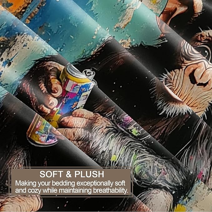 Chimpanzee Duvet Cover King Size, Street Graffiti Gorilla Bedding Set 3 Piece Bedroom Decor Fun Colorful Comforter Cover and 2 Pillow Sham with Zipper Closure