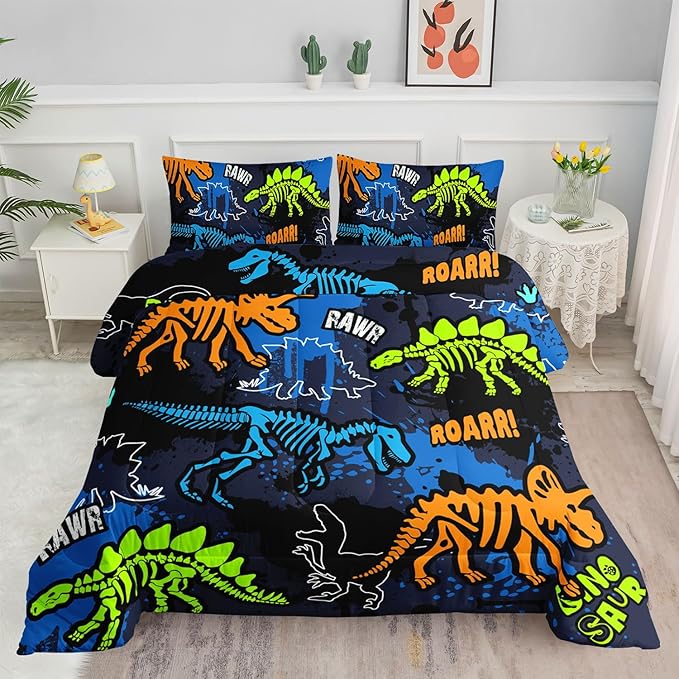 Kids Comforter Set Dinosaur Theme Printed Pattern Bedding Set with 1 Comforter and 2 Pillowcases for Girls Boys Bedroom All Season(Dinosaur ThemeTwin)