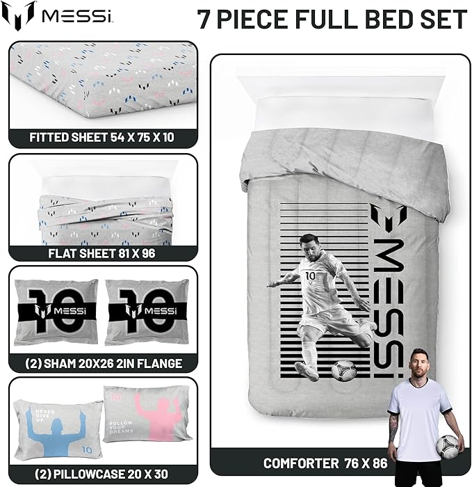 Jay Franco Kids Comforter Set Includes Sheets and Pillow Cover - Soft and Cozy Bed Set for Stylish Room Décor, Grey - Lionel Messi, 7 Piece Full