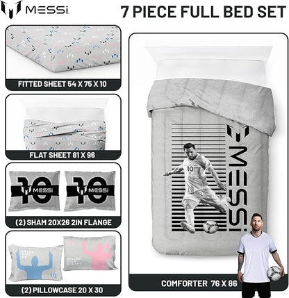 Jay Franco Kids Comforter Set Includes Sheets and Pillow Cover - Soft and Cozy Bed Set for Stylish Room Décor, Grey - Lionel Messi, 7 Piece Full