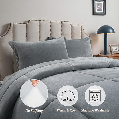 Petrichor Velvet Flannel King Comforter Set- Gray and Black Blanket,Luxury Fuzzy Heavy Bedding Set, 3 Pieces Plush Winter Bed Set with Comforter (90"x104") & 2 Pillow Shams (20"x36")