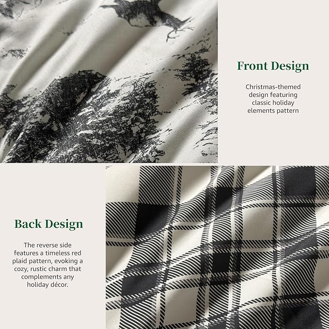 MaiRêve Christmas Queen Comforter Set, Grey Reindeer Tree Bed Set for Holiday, Reversible Gray Plaid Comforter Bed in a Bag, Soft Bedding Set 7 Pieces with Sheets, Pillowcases & Shams