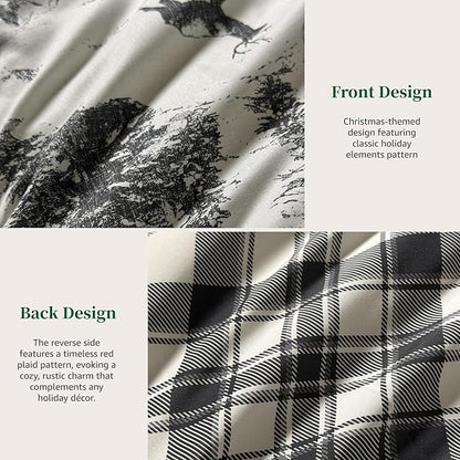 MaiRêve Christmas Queen Comforter Set, Grey Reindeer Tree Bed Set for Holiday, Reversible Gray Plaid Comforter Bed in a Bag, Soft Bedding Set 7 Pieces with Sheets, Pillowcases & Shams