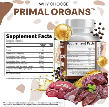Clean Nutraceuticals Grass Fed Beef Liver Capsules - Premium Quality Supplement Packed with Desiccated, Beef Heart, Spleen, Pancreas Plus Bone & Marrow Dao Enzyme Pills