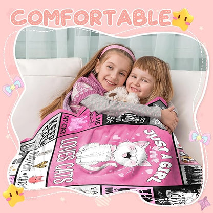 Just A Girl Who Love Cat Blanket for Girls, Cat Lover Gifts for Girls Women, Cats Gifts for Birthday Christmas, Cute Soft Warm Blanket 60" X 50" for Sleep Nap