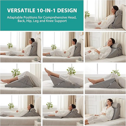 Bedluxe Adjustable 4pcs Bed Wedge Pillow Set, Memory Foam Wedge Pillows Post Surgery for Back, Neck, Leg Pain Relief, Pillow Wedge for Sleeping, Sitting up in Bed, Acid Reflux and GERD, Grey