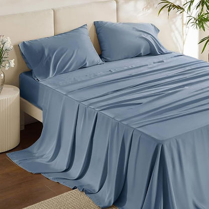 Bedsure Full Size Bed Sheets, Cooling Sheets, Rayon Derived from Bamboo, Breathable & Soft, Deep Pocket Up to 16 Inches, Hotel Luxury Silky Bedding for Hot Sleepers, Dusty Blue