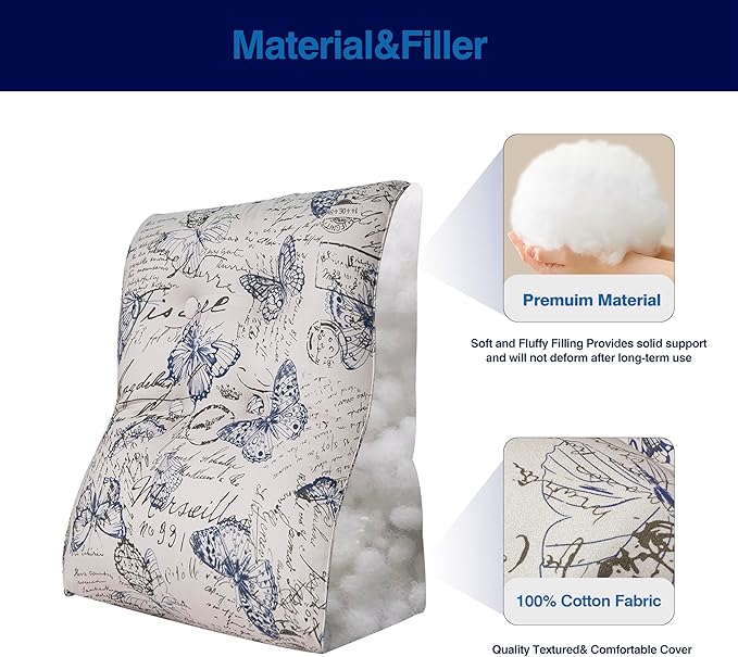 Daneey Reading Pillow for Bed Adult, Back Support Pillow for Bed, Sit Up Pillow Backrest, 24 * 10 * 24IN, 100% Cotton, Printed Floral Pillows for Sofa Couch, Blue