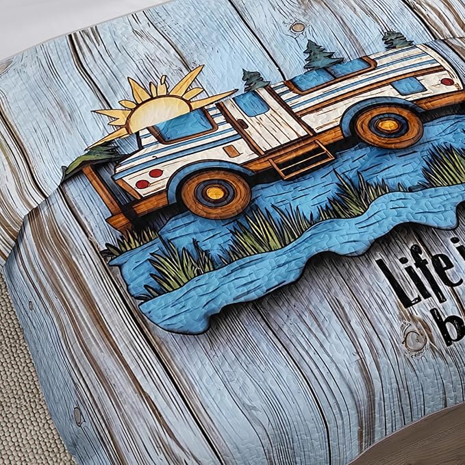 Camping Travel Trailer Bedding Full Quilts for Bed,Retro Bedding for Kids Boys Girls Happy Camper Decor,Outdoor Camping Themed Quilt Sets with 2 Pillowcases.