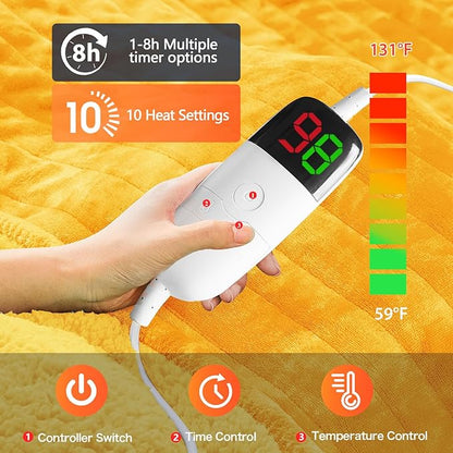 greenoak Heated Electric Blanket Throw, Faux Fur Sherpa Heating Blanket for Sofa Bed, Warm Winter Gifts for Women/Adults, Heater Lap Blankets 5-Position Timer &10 Heating Levels 50''*60" Golden