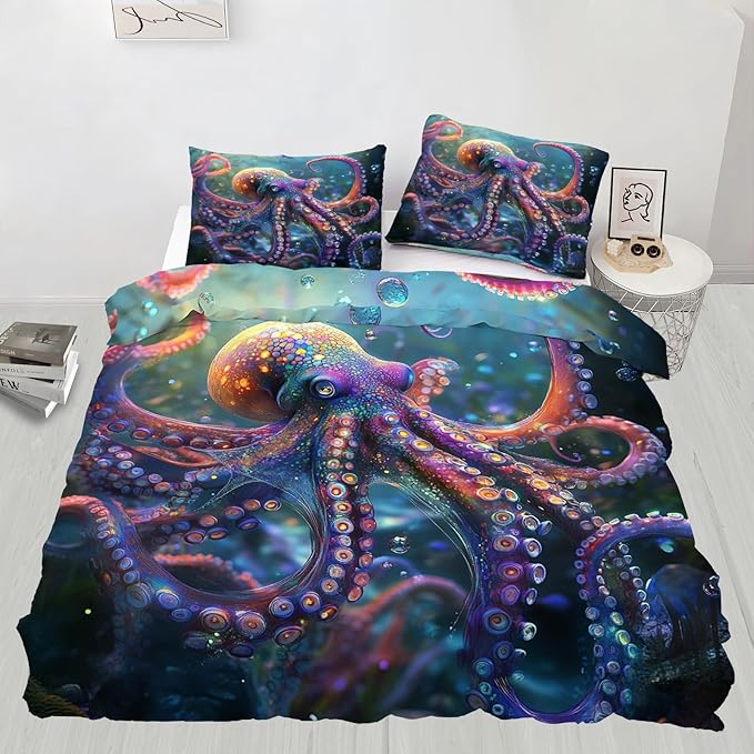 3D Octopus Duvet Cover King Size, Ocean Colorful Octopus Bedding Set 3 Piece Bedroom Decor Marine Animal Patterned Comforter Cover with Zipper Ties & 2 Pillowcases