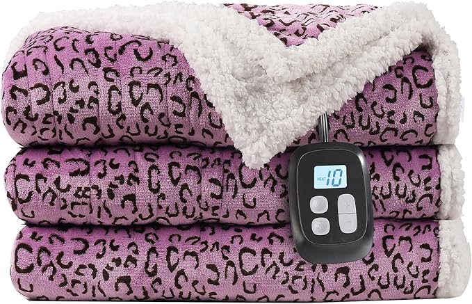 Electric Heated Blanket Full Size - 72"x84", Leopard Print Flannel Soft Heating Blanket, 10 Heating Levels, 1-12 H Auto Shut Off, Breathable Warm and Washable for Bed, Black Purple