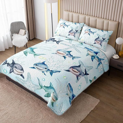 Ocean Blue Shark Quilts Bedding Set Queen Size for Boys Girls Adult 3Pcs Shark Starfish Quilt Bed Set All Season Seaweed Bedspreads Coverlet with 1 Quilt and 2 Pillowcases for Room Decor