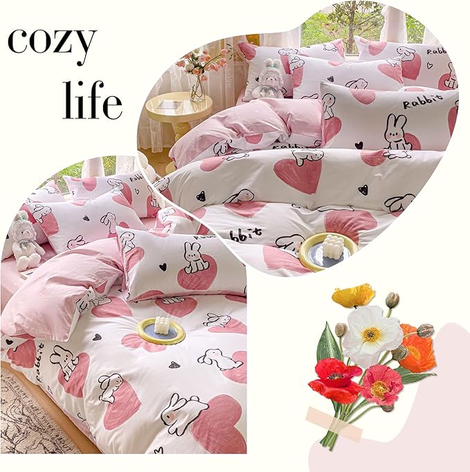 AOJIM Pink Duvet Cover Set Pure Cotton, 1 Rabbit Comforter Cover and 2 Pillowcases, Soft Lightweight Bed Set Queen Size, Quilt Cover for Room Decor (No Comforter)