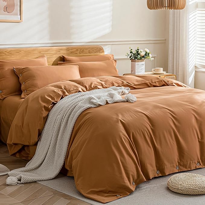 JELLYMONI Cotton Duvet Cover Full Size - Burnt Orange Comforter Cover with Button 100% Washed Cotton 3PCS Breathable Soft Solid Bedding Set Duvet Cover 80×90in & 2 Pillowcases (NO Comforter)