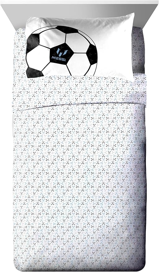 Jay Franco Kids Comforter Set Includes Sheets and Pillow Cover - Soft and Cozy Bed Set for Stylish Room Décor, White - Lionel Messi, 5 Piece Twin
